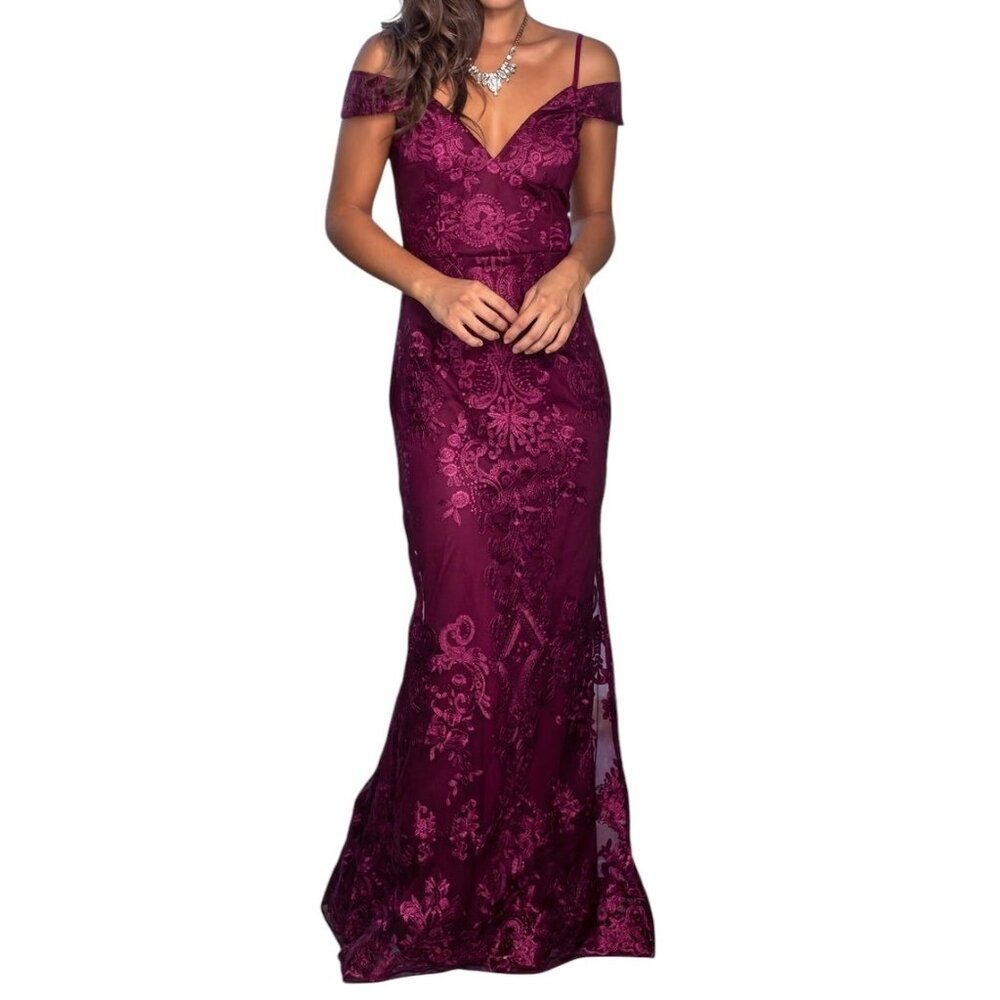 Off-Shoulder Burgundy Lace Maxi Dress